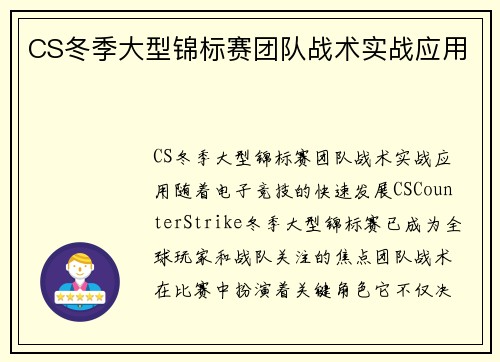 CS冬季大型锦标赛团队战术实战应用